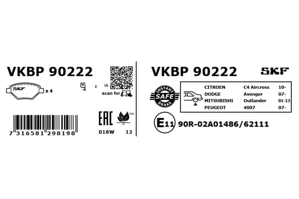 Jogo de 4 pastilhas de travão SKF ref. VKBP 90222
